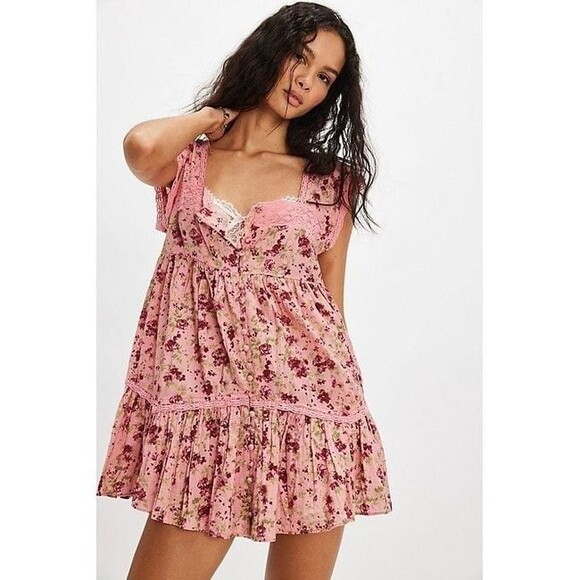 Free People Dresses & Skirts - Free people Alessia Print Mini Dress Floral Flutter Sleeve Lace Cotton S 283601